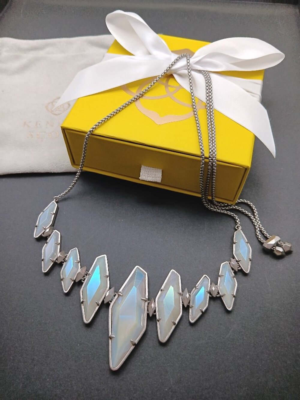 Retired Kendra Scott Berniece Statement Necklace Silver Tone KS Box Bag MOP look